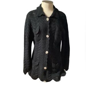 Austin Reed Crochet Pima Cotton Black Button down Sweater Size Large